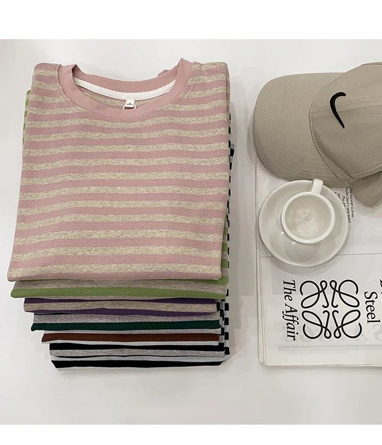 Summer Short Sleeve Striped T-Shirts Versatile Women Knitted Basic Casual Tops Female Cozy Loose Cotton Tees 2023 Harajuku Shirt