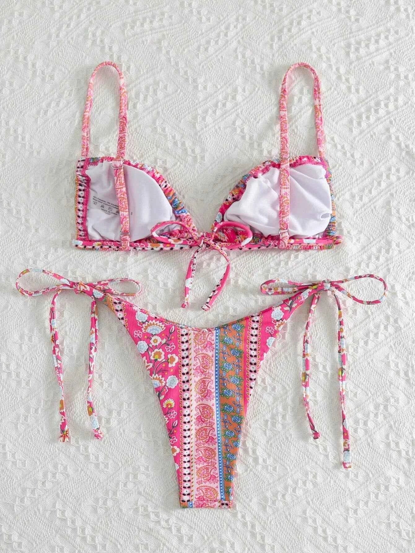 BIQIUYYI New Floral Print String Bandage Bikinis Triangle Cup Push Up Swimsuit Women Bathing Suit Beachwear Halter Swimwear XS