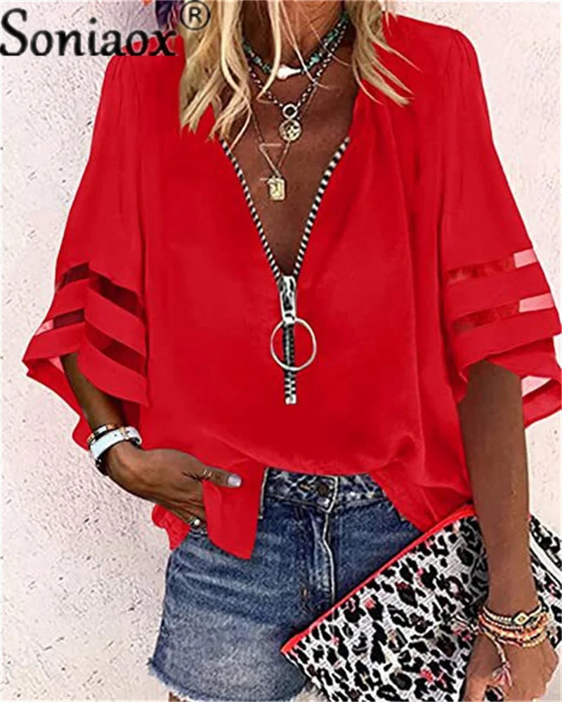 Sexy Lace Patchwork Flared Sleeve Mesh Solid Shirt Blouse 2022 Summer Women Zipper V-Neck Loose Casual Tops T-Shirt Streetwear