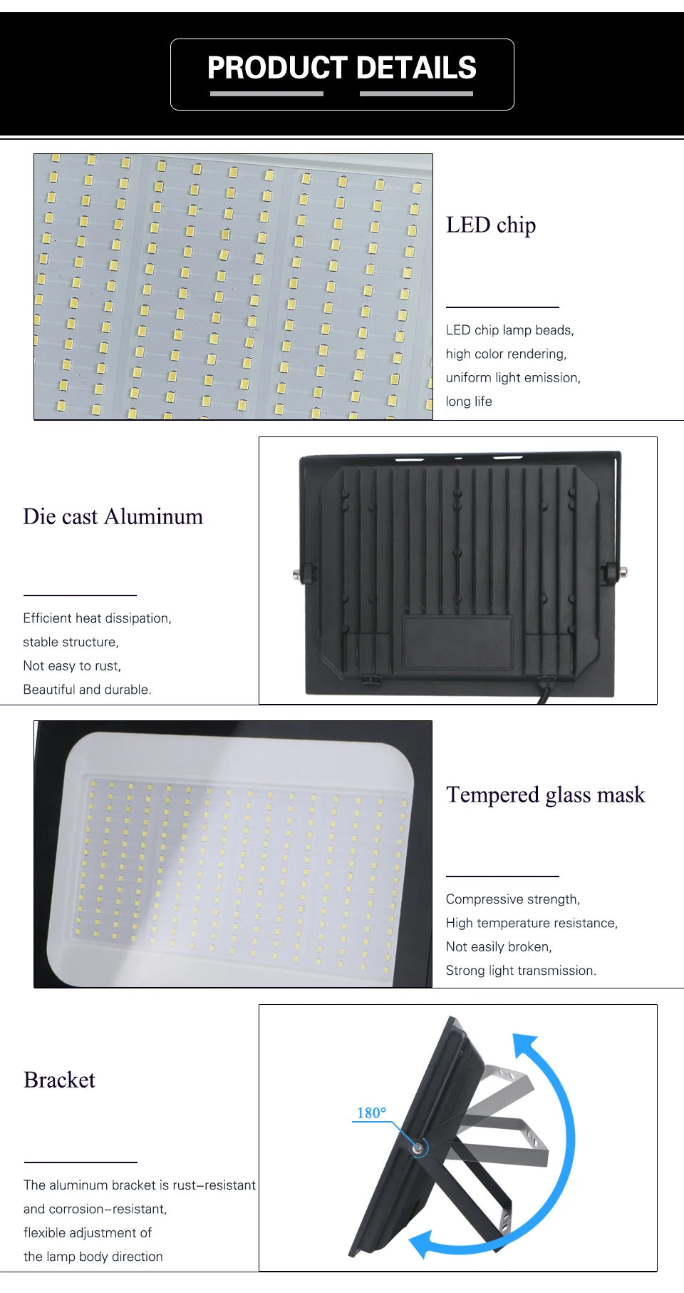 LED Flood Light Spotlight AC220V 100W 200W IP66 Waterproof LED Black Shell Garden Street Gate Wall Floodlights