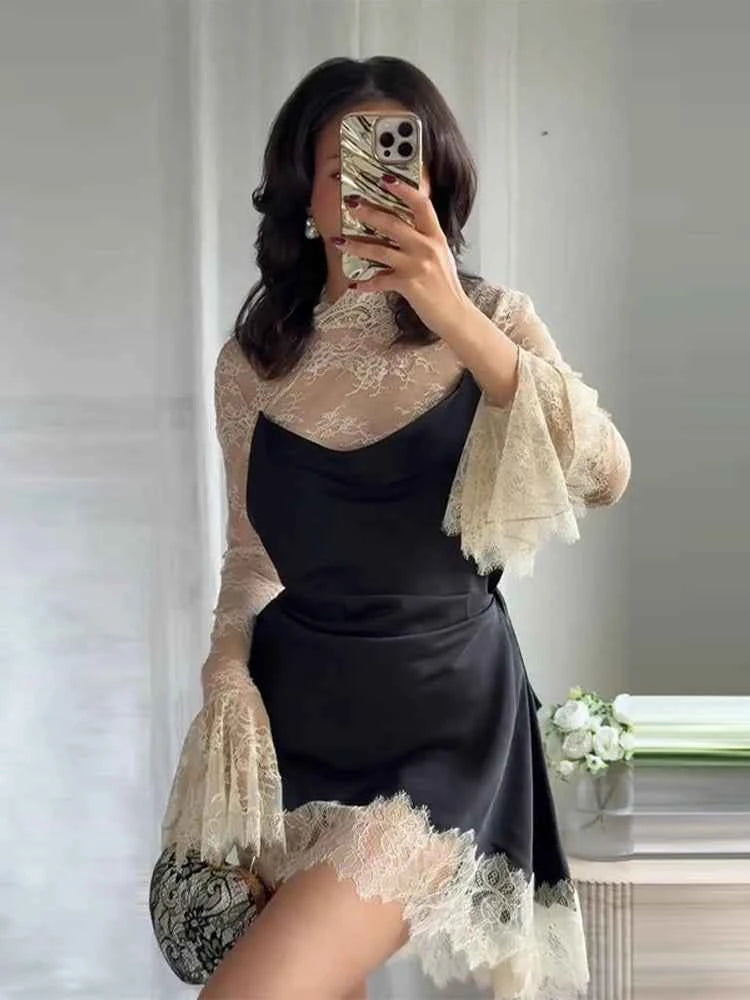 Elegant Lace Trim Satin Dress Women High Neck Color Block Full Sleeve Y2K Mini Dresses 2026 Spring Lady New Sexy Party Clubwear