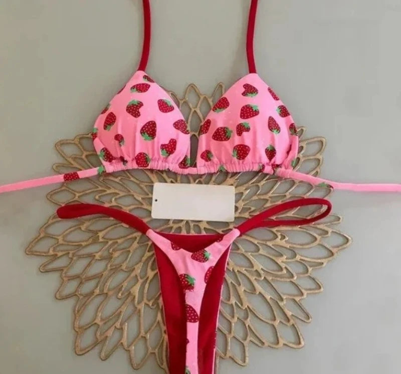 Print Sexy Bikini Sets Halter Lace-up Tops Thongs Beach Style Bathing Suit Y2k Swimsuits Women Beachwear Купальник Женский