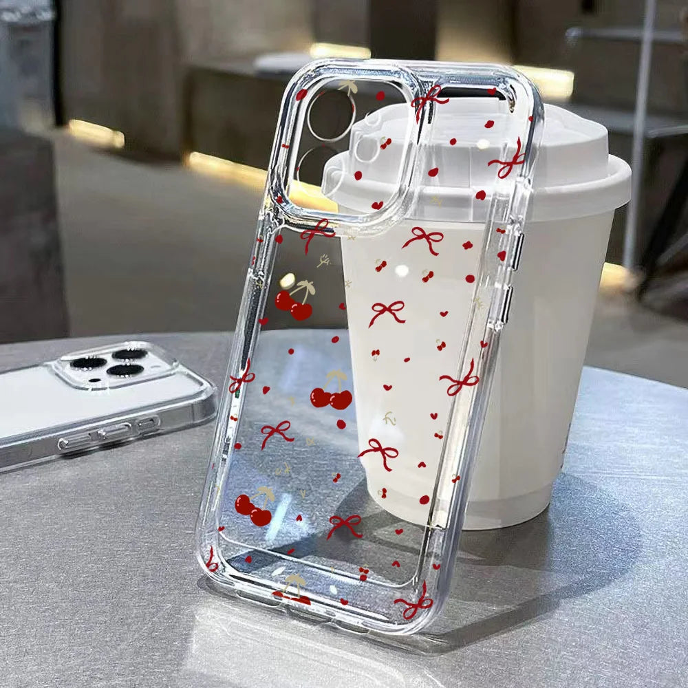 Cute Bow Cherry Phone Case For iPhone 16 Pro Case iPhone 15 13 17 11 12 14 Pro Max 16E XR XS 7 8 Plus SE Shockproof Clear Cover