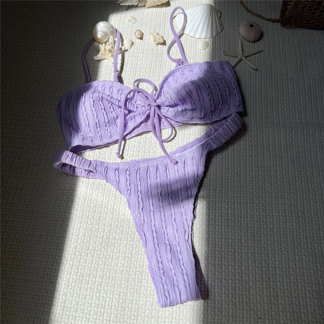 Wrinkled Crinkled Knotted Bikini Women Swimwear Female Swimsuit Two-Pieces Bikini Set Brazilian Bather Bathing Suit Swim V5709