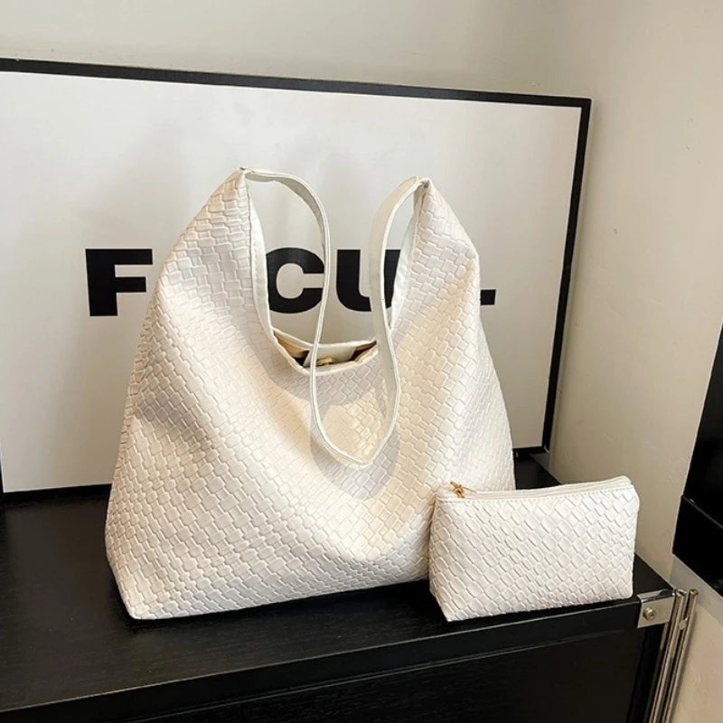 Women's Retro Artificial Leather Woven Pattern Shoulder Bag,Large Capacity Tote Bag,Casual Armpit Bag, Large Tote Bag,Daily Work