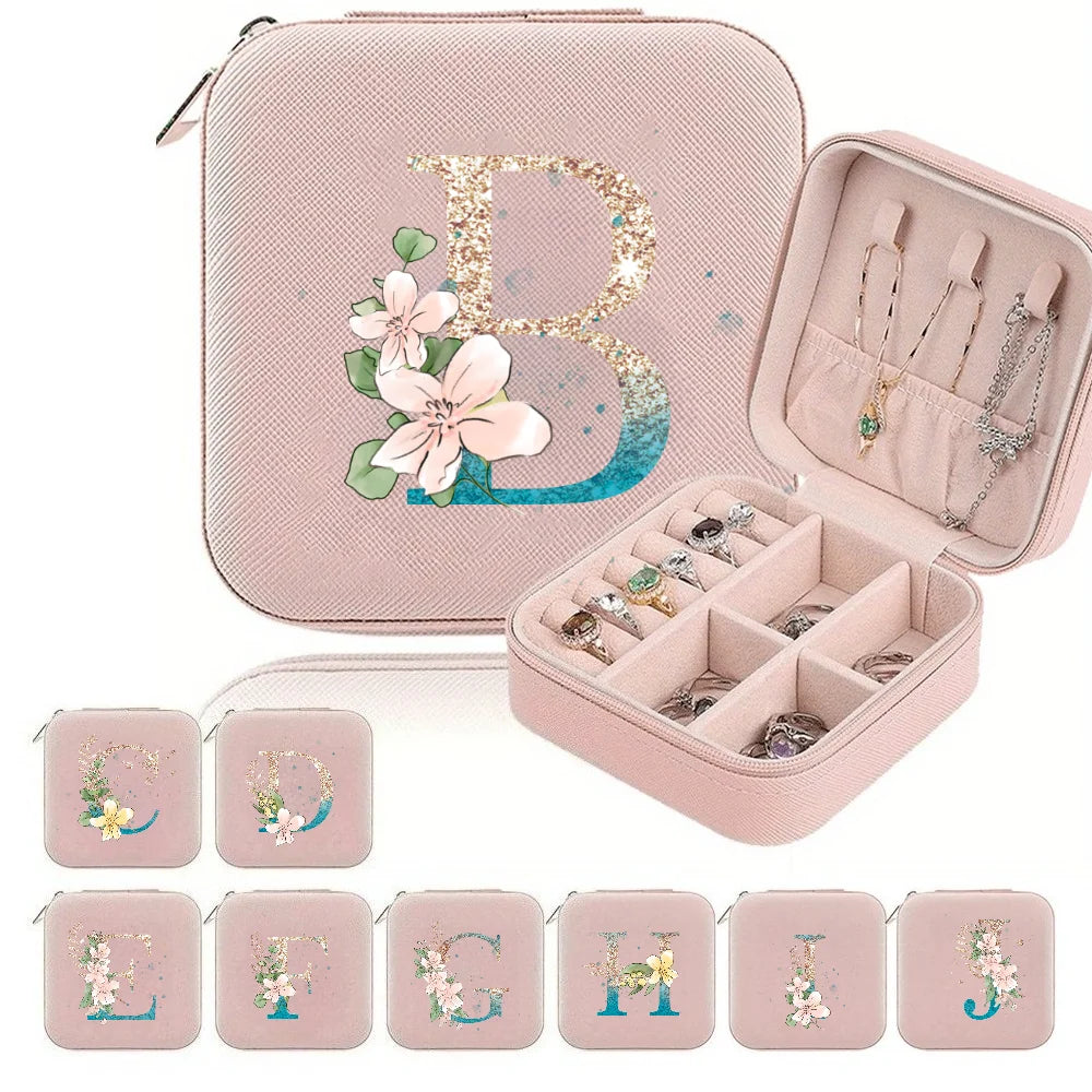 A-Z Alphabet Print Pink Travel Jewelry Organizer with Zipper Closure and Fabric Lining
