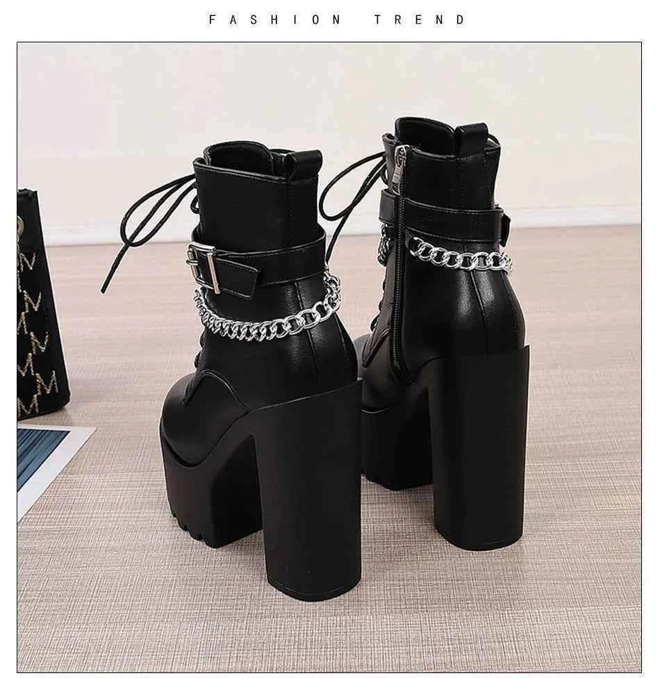 Gdgydh Gothic Buckle Strap Ankle Boots Women Faux Leather Platform Block Chunky Heels Chain Ultra High Heels Motorcycle Boots