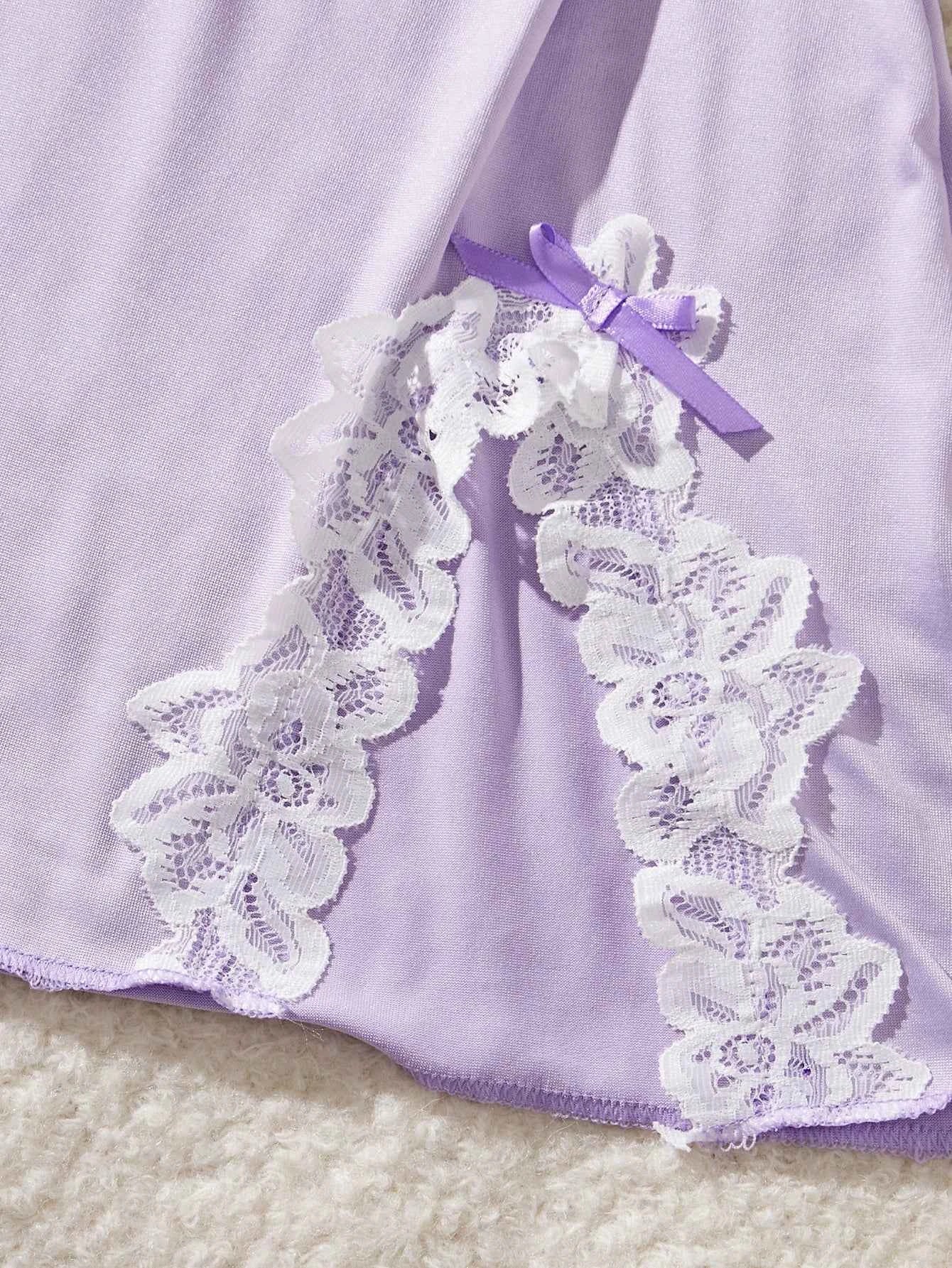 New Sexy Lingerie For Women Transparent Lace Patchwork Sleepwear Sling Elegant Nightwear Babydoll Side Slip Dress And Thong Set