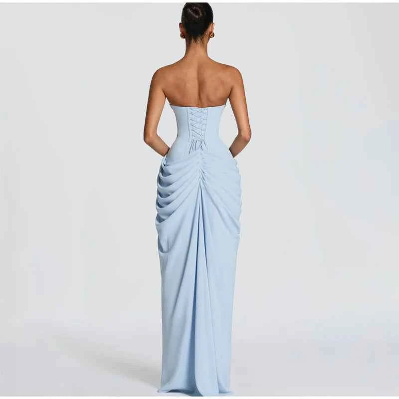 Lady Sexy Strapless Split Solid Pleated Dress Women Chic Backless High Waist Off-shoulder Dresses 2026 New Evening Party Gowns