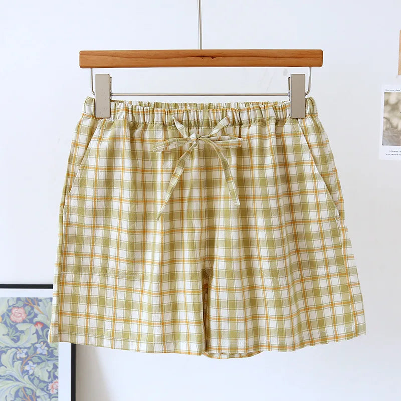 Summer Thin Loose Fit Women's Home Shorts Cotton Plaid Design Multi Colors Sleepwear Beach and Casual Wear Short Pants