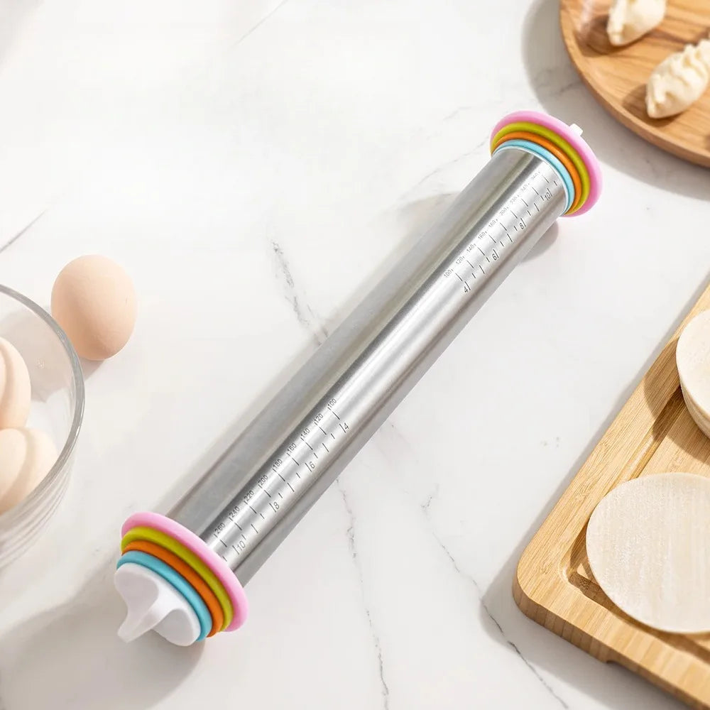 13.78 Inch Stainless Steel Adjustable Rolling Pin with 4 Thickness Removable Rings Dough Roller for Pizza Cookie Baking Tools.
