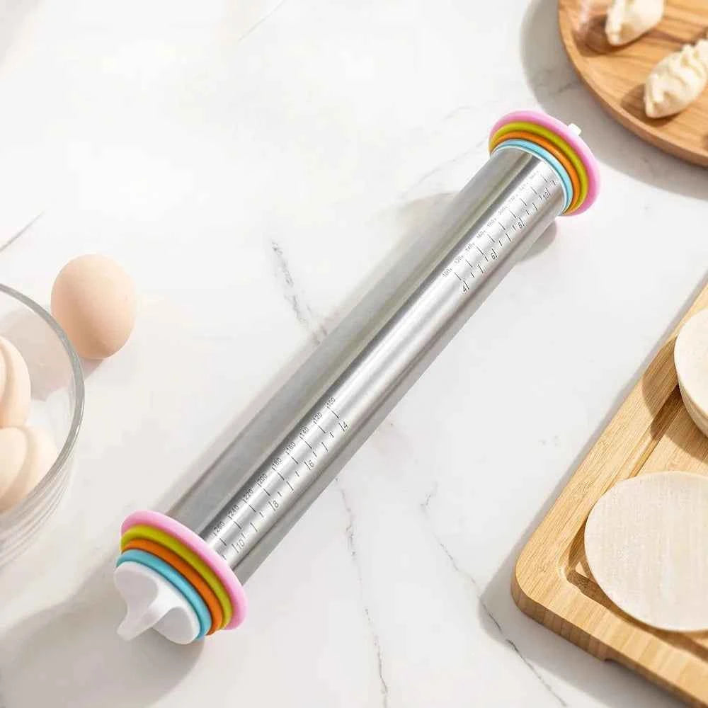 13.78 Inch Stainless Steel Adjustable Rolling Pin with 4 Thickness Removable Rings Dough Roller for Pizza Cookie Baking Tools.