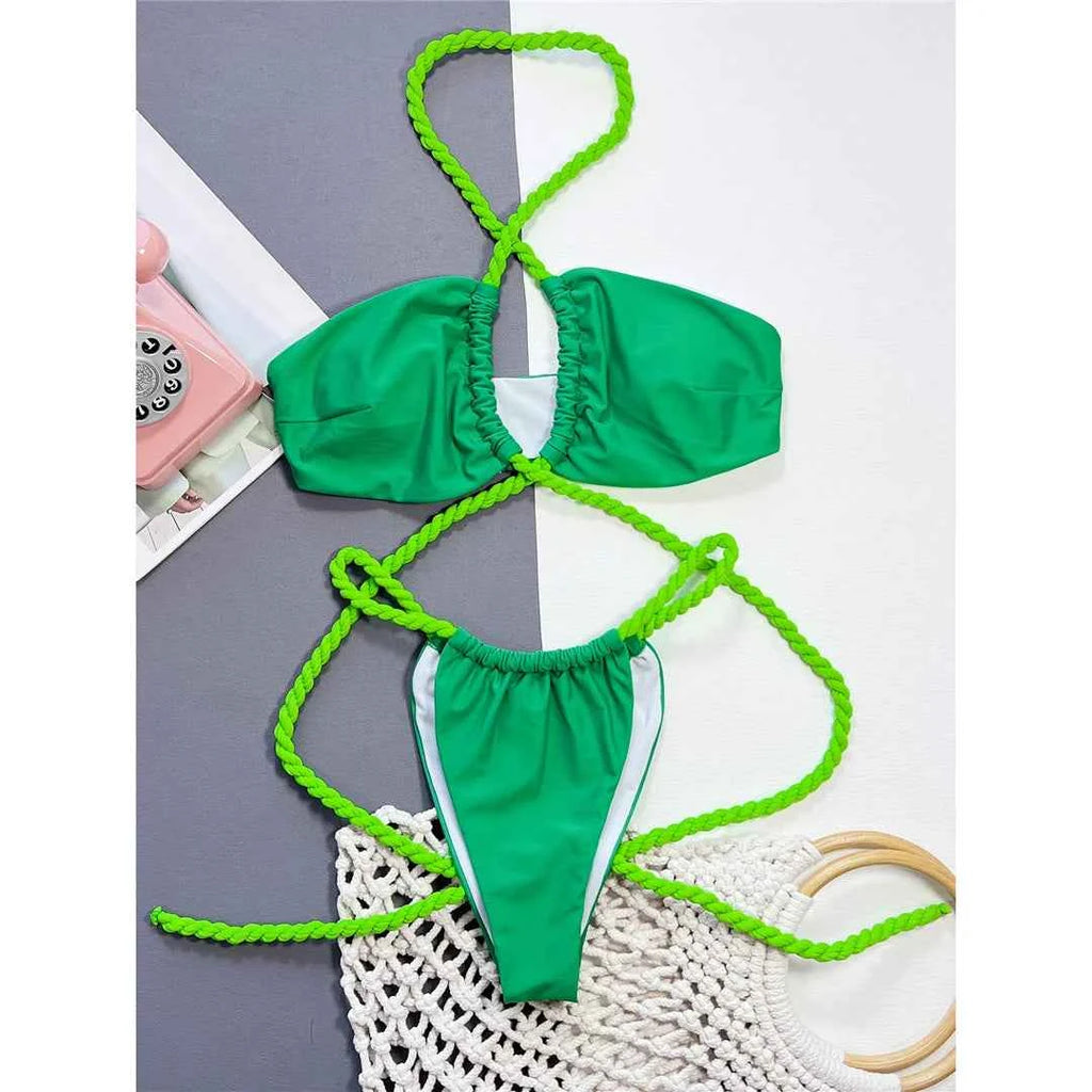 New Wrap Around Halter High Leg Cut Bikini Female Swimsuit Women Swimwear Two-pieces Bikini set Bather Bathing Suit Swim V4750