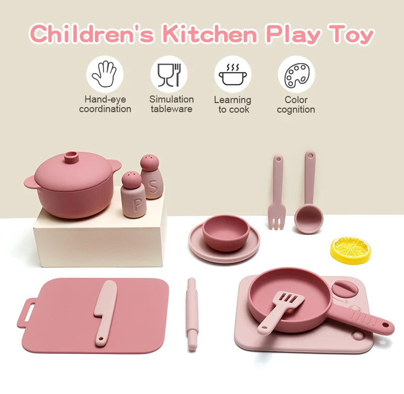 Kids Pretend Play Kitchen Toys, Food-Grade Silicone Dish Set, Realistic Mini Cooking Toys with Bowls, Plates, Pots for Toddlers