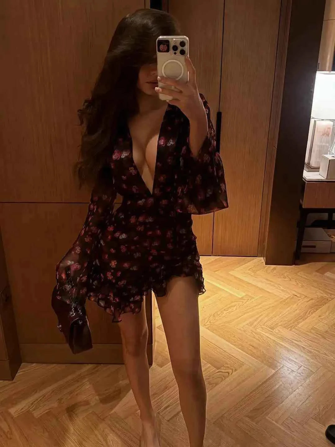 Flora Painted Ruffle Mini Dress Women Elegant Full Sleeve Deep V-neck Slim A-line Dresses 2026 Lady Holiday Street Outwear New