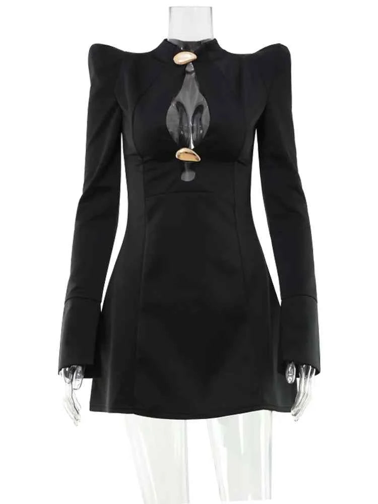 Ahagaga Elegant Women's Mini Dresses Solid Sexy Bodycon Slim Fit Hollow Out Regular Long Flare Sleeve A Line Trend Casual Female