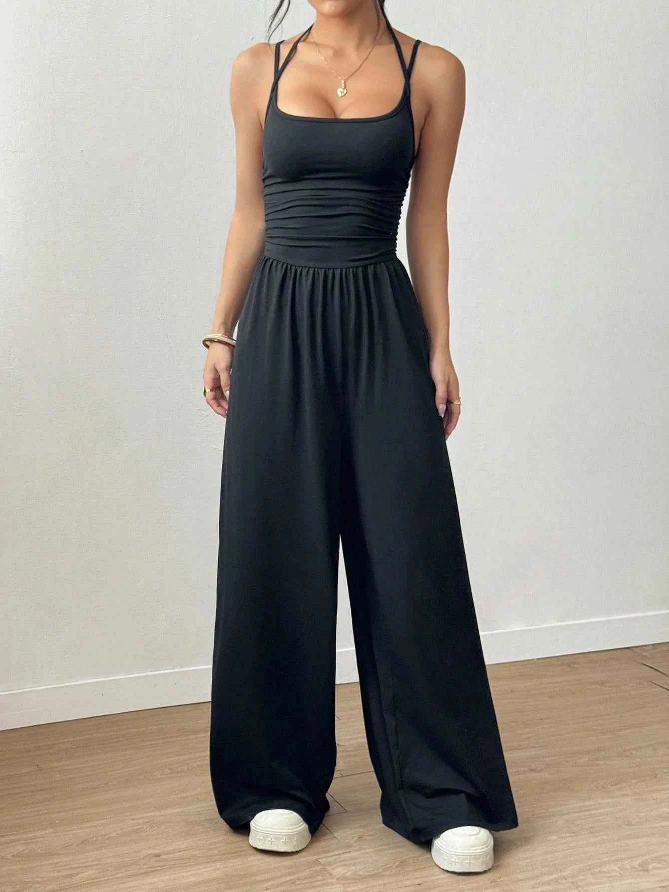 Women's Casual Pleated Loose Straight Leg Jumpsuit, Spring/Summer