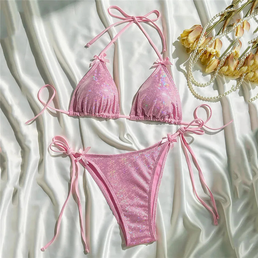 Yellow Halter String Triangle Micro Bikini Thong Solid Swimwears Bow Pearl Sexy Swimsuit Women Bathing Suit Bikinis Sets 2026