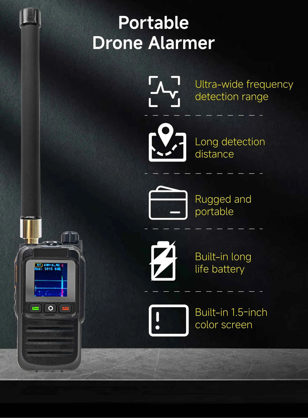 1-2km Drone Warning Equipment with 30-6400MHz Broadband Detection Supporting FPV Drone for DJI Road Communication