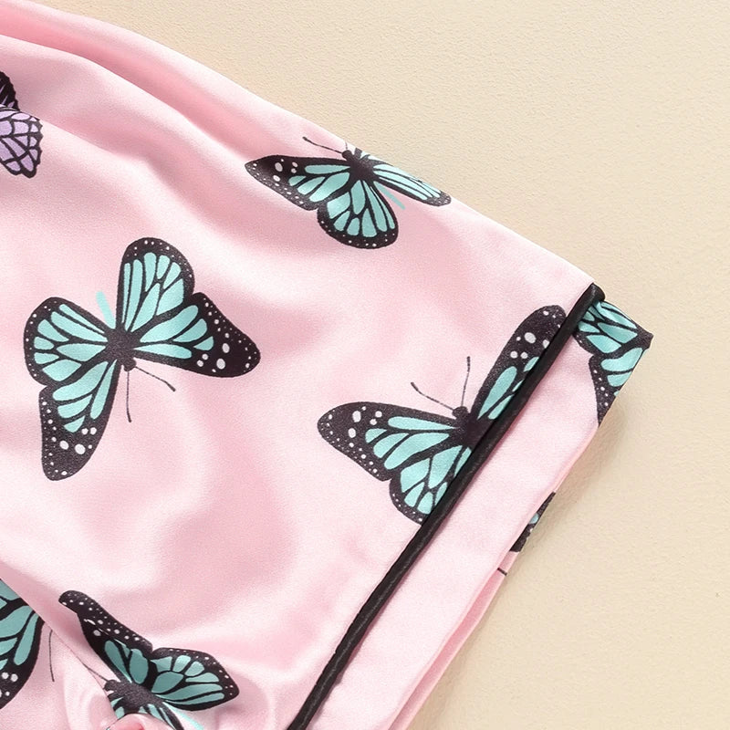 Kids Girls Summer 2PCS Pajama Sets Short Sleeve Lapel Shirt Butterfly Print Pants Loose Sleepwear for 1 Years to 7 Years