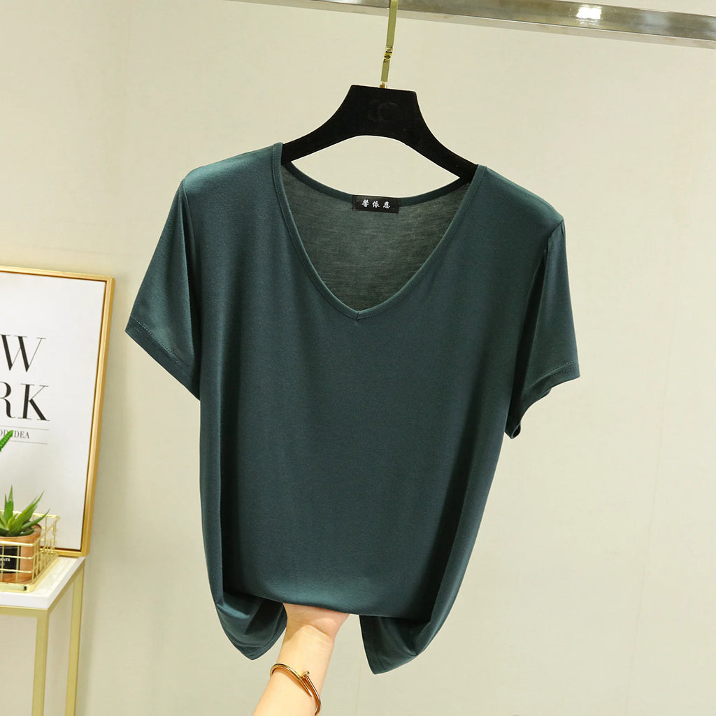Summer women Modal V-Neck Tshirt Thin Bottoming T-shirts Plus size Loose tee tops Streetwear Basic Top