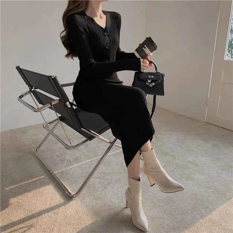 Autumn Winter Sweater Dress For Women 2024 New Arrivals Buttons Up V Neck High Waist Long Knitted Dress Korean Maxi Dresses