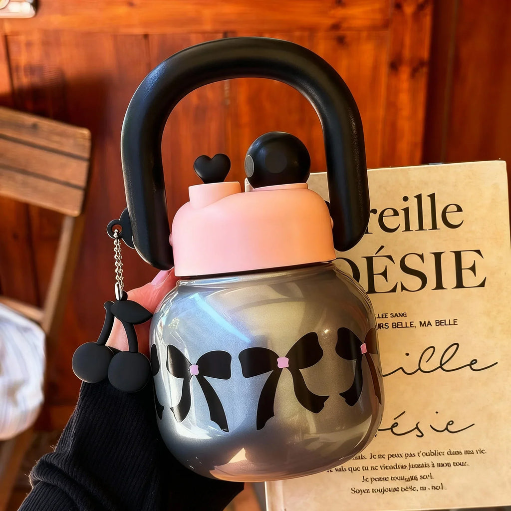 Cute Water Bottle with Decoration, Dual Straws Design, Anti-Lipstick Stain, Detachable Travel Strap Durable Plastic Material