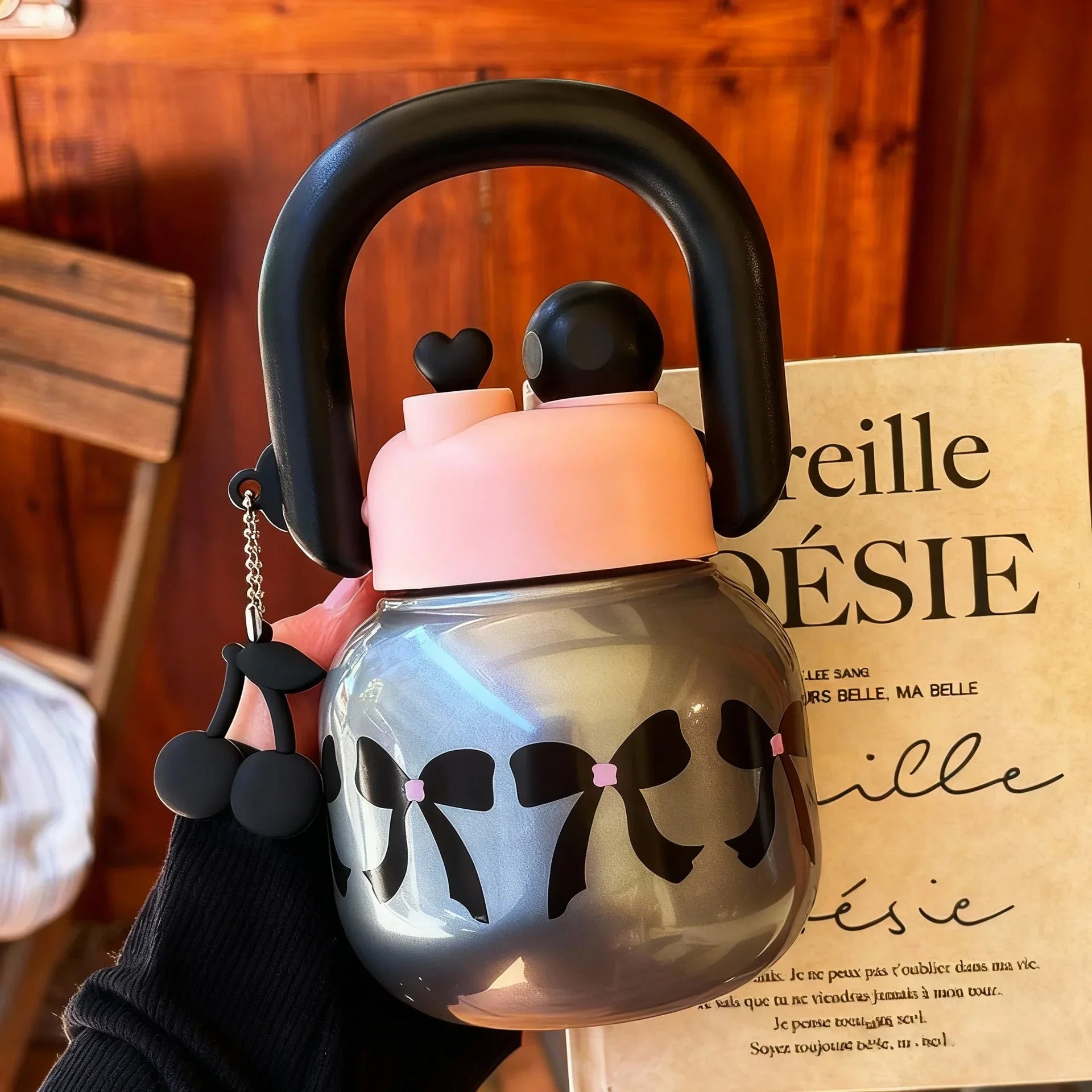Cute Water Bottle with Decoration, Dual Straws Design, Anti-Lipstick Stain, Detachable Travel Strap Durable Plastic Material