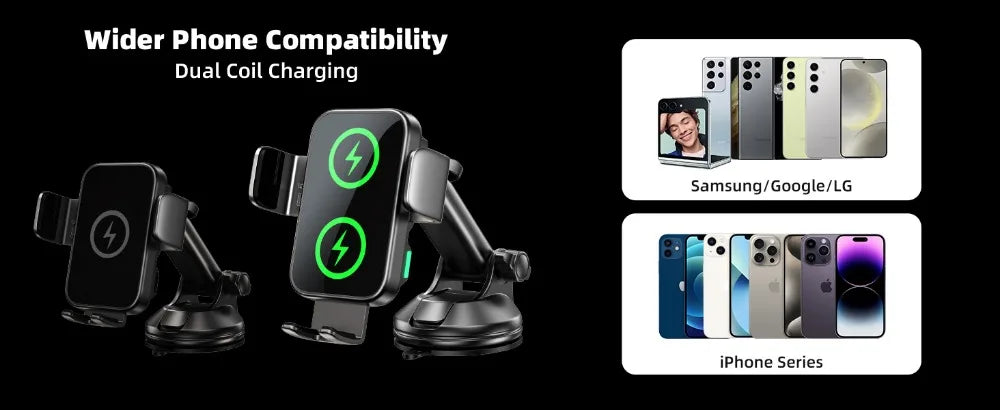 15W Car Phone Holder Wireless Car Charger Dual Coil Dash Vent Windshield Auto Clamping Charging Phone Holders for iPhone S24/S23