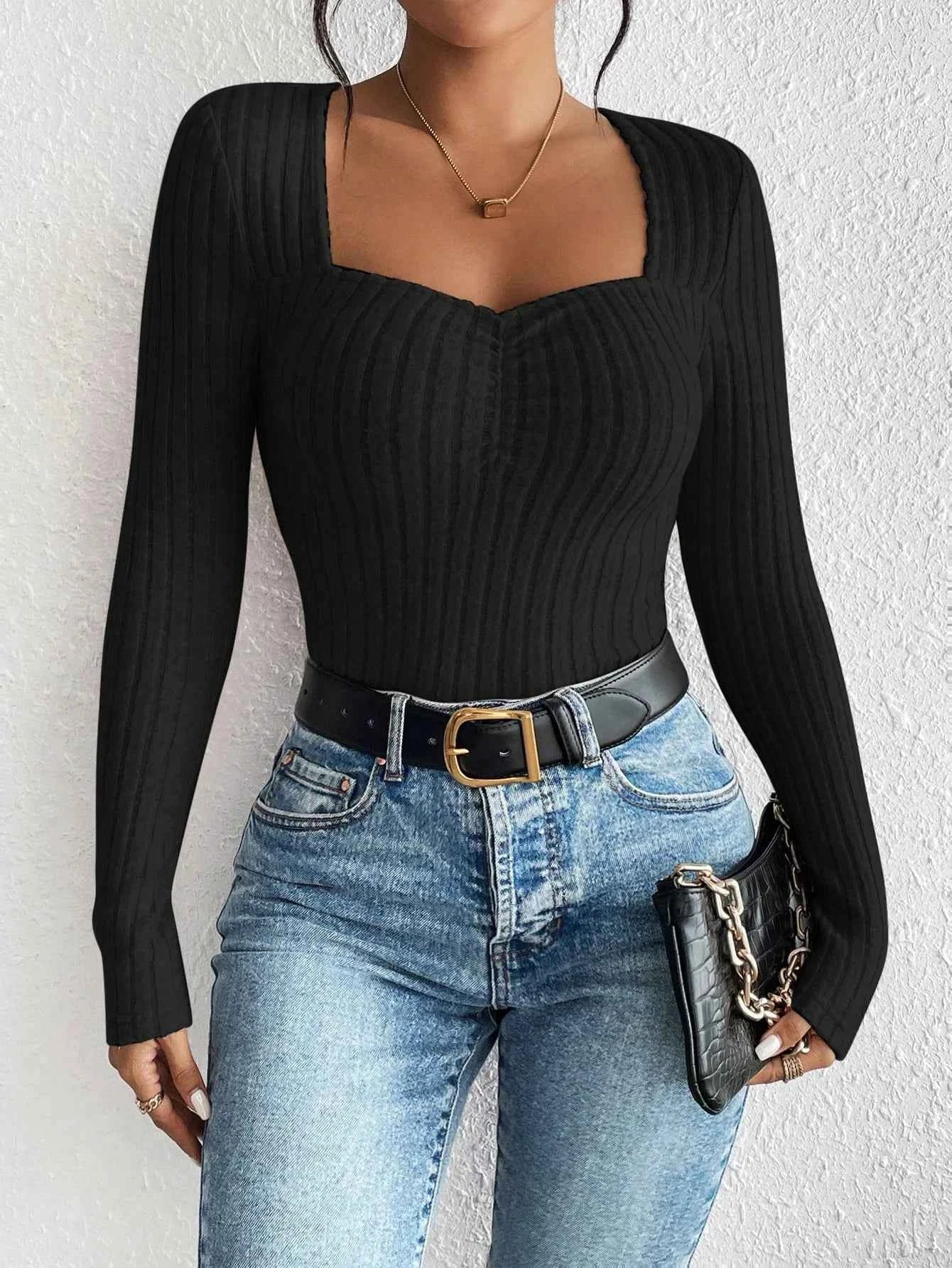 Women's Fashion Diamond Collar Knitted Base Shirt Casual Long Sleeve Top Knitwear Trendy Elegant Style