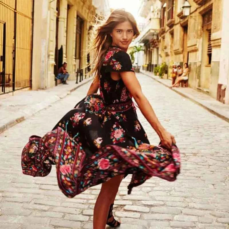 Customizable Duzeala 2022 New Women Summer Boho Beach Maxi Dress Sexy V Neck Vintage Print Long Dresses Casual Sundress Dress