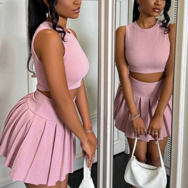 Women Summer Sleeveless Pleated Skirt Suits Slim Tank Tops High Waist Mini Skirts Fashion Sexy 2pcs Sets Lady Elegant Clothes