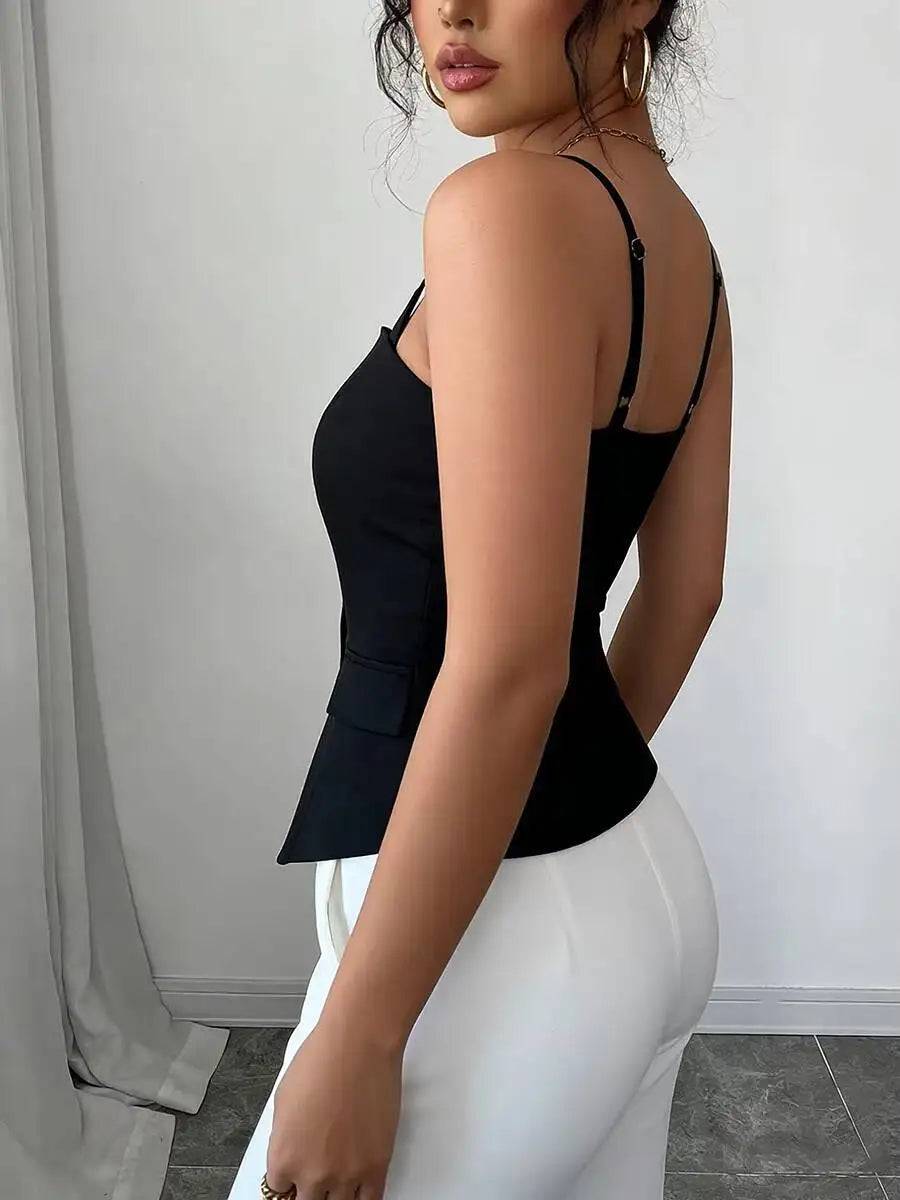 Women's Casual Tank Top Spring Summer Black Top Spaghetti Strap Sweetheart Neck Button Slim Fit Valentine's Day Elegant Sexy Top