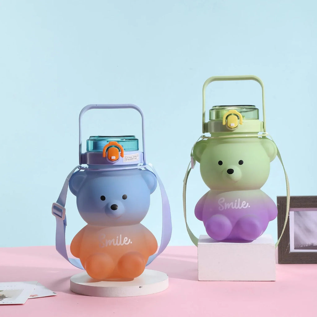 Bear Water Bottle 800ml Cute Kawaii Teddy Bear Water Bottle with Straw & Strap Leak-Proof Drinking Cup Gift for Kids & Girls