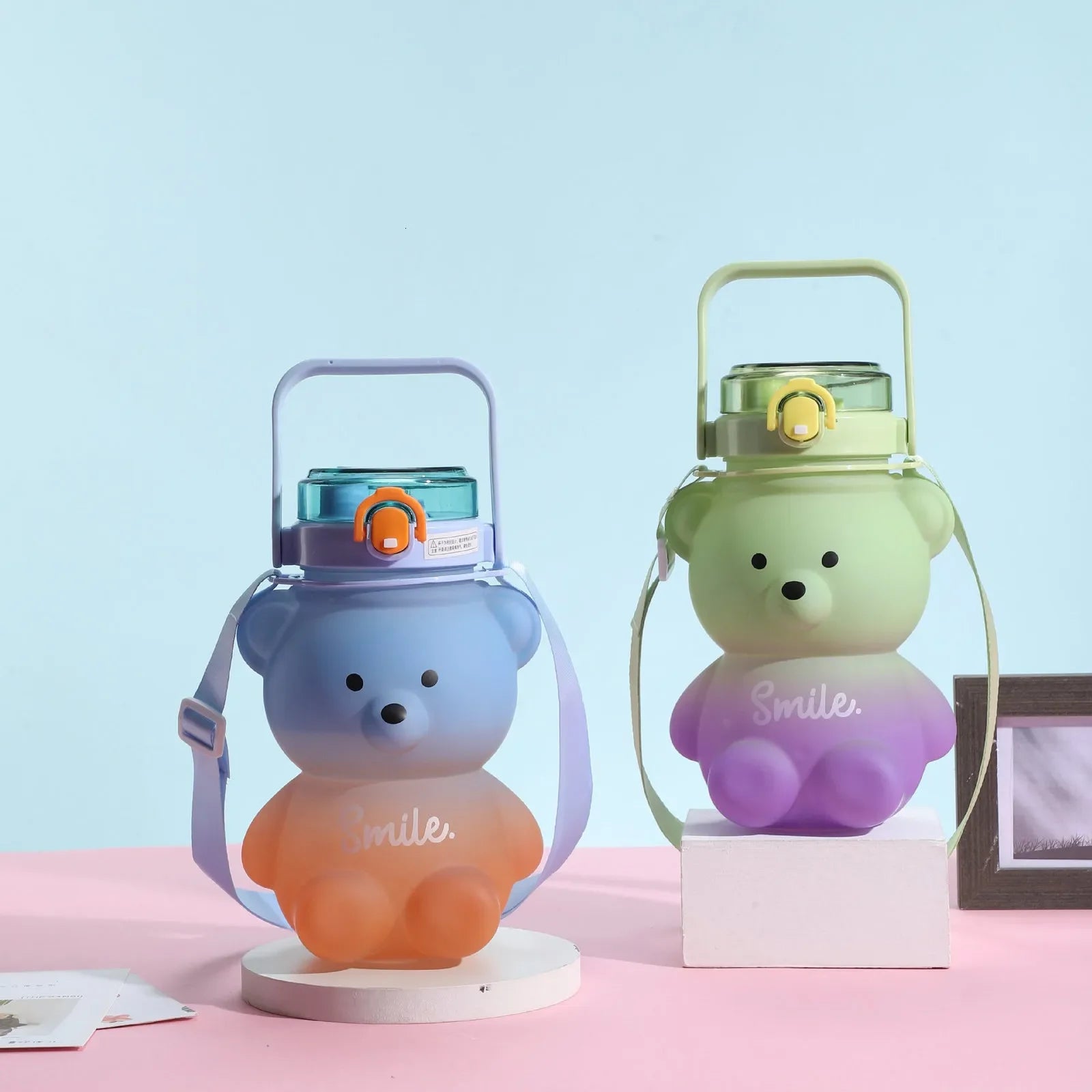 Bear Water Bottle 800ml Cute Kawaii Teddy Bear Water Bottle with Straw & Strap Leak-Proof Drinking Cup Gift for Kids & Girls