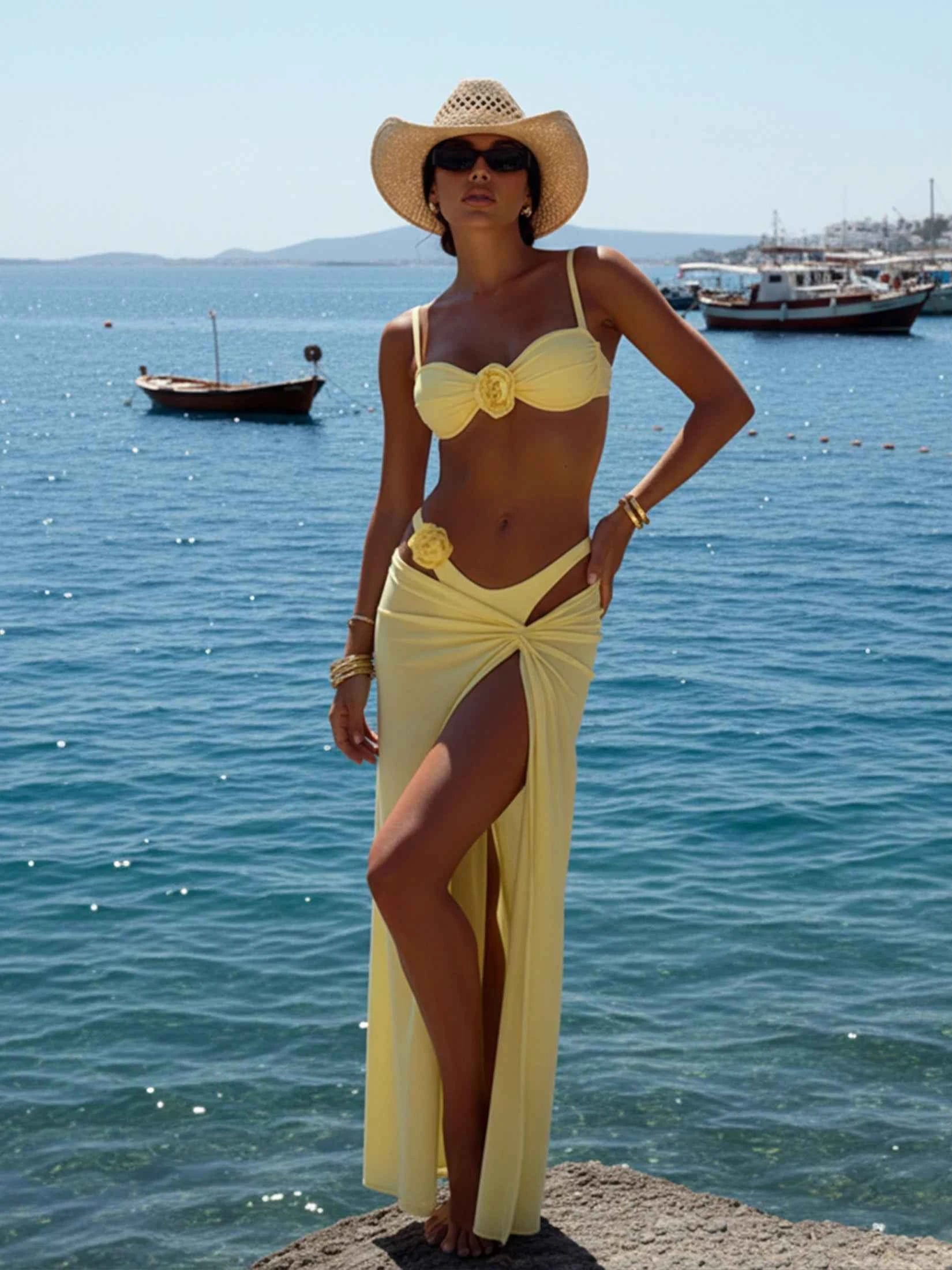 Butter Yellow 3-Piece Bikini Set Flower Chi Bathing Suit with Long Skirt Coverup Beach Outfit Resort Wear 2025 New Swimsuit K303