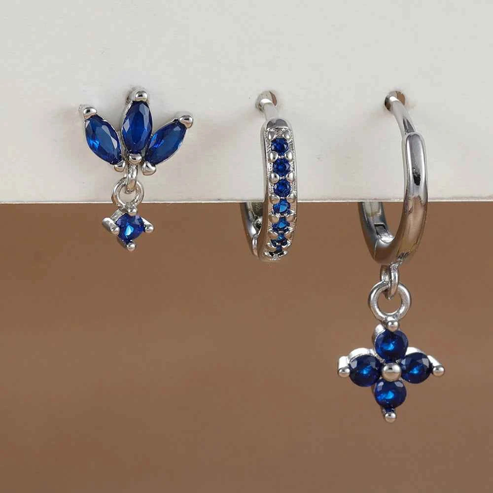 3PCS Fashion Orange Blue Zircon Hanging Earrings Set for Women Stainless Steel Flower Dangle Earring Piercing Jewelry