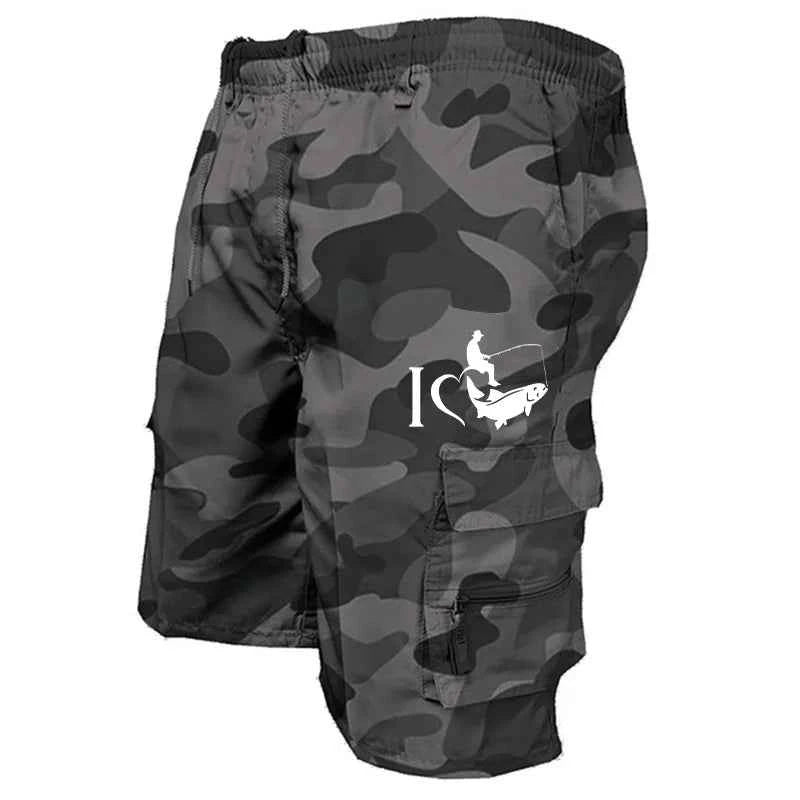 Trendy Mens Bib Shorts Casual Loose Shorts Funny I Love Fishing Printed Drawstring Pocket Shorts Summer Mens Shorts