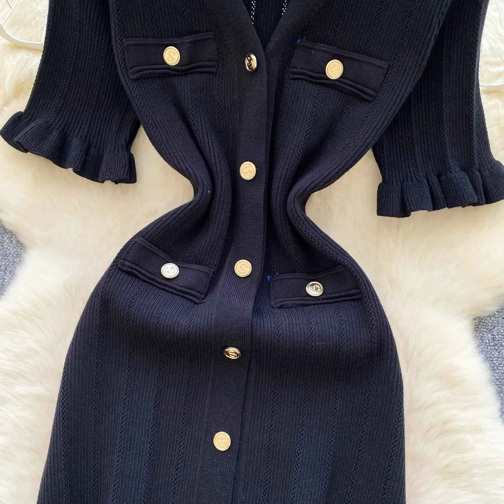 SINGREINY Summer OL Knit Dress 2025 Women V Neck Button Design Slim Mermaid Sundress Fashion Elastic Solid Bohemian Long Dress