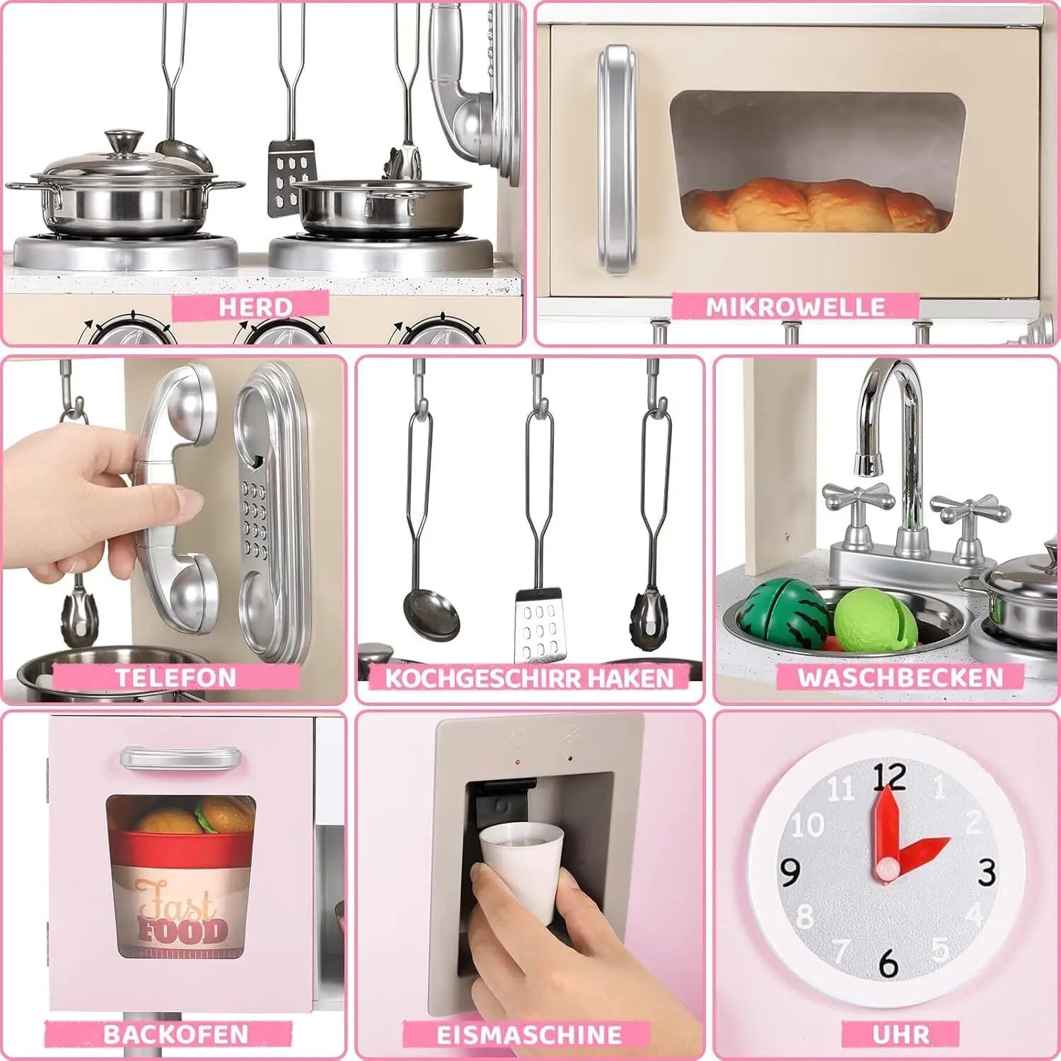 Wooden Play Kitchen Set Pretend Play Kitchen with Lights and Sounds for Kids Ages 3+, Includes Stove Oven Microwave Coffee Maker