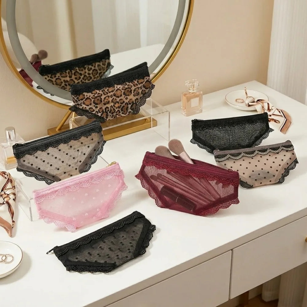 New Briefs Shape Cosmetic Bag Mesh Lace Heart Makeup Storage Pouch Y2K Transparent Toiletry Bag Storage for Travel