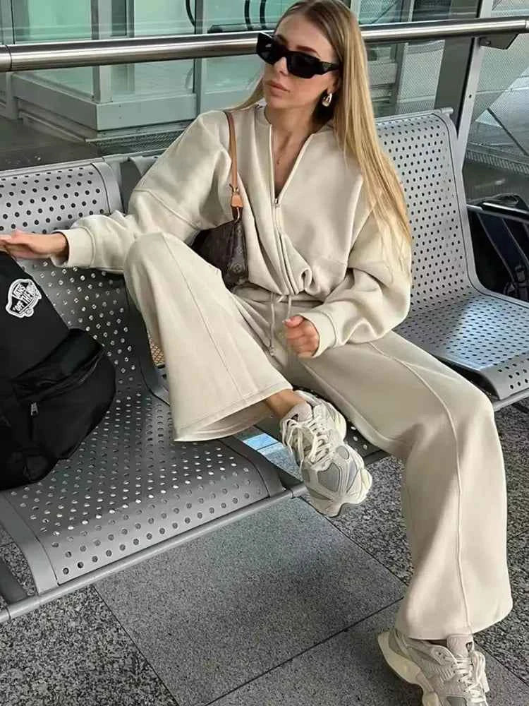 HH Women's Fall 2-Piece Retro Solid Color Zip Bomber Jacket Sweatshirt+High Waist Lace Up Women's Wide Leg Pants Street Wear