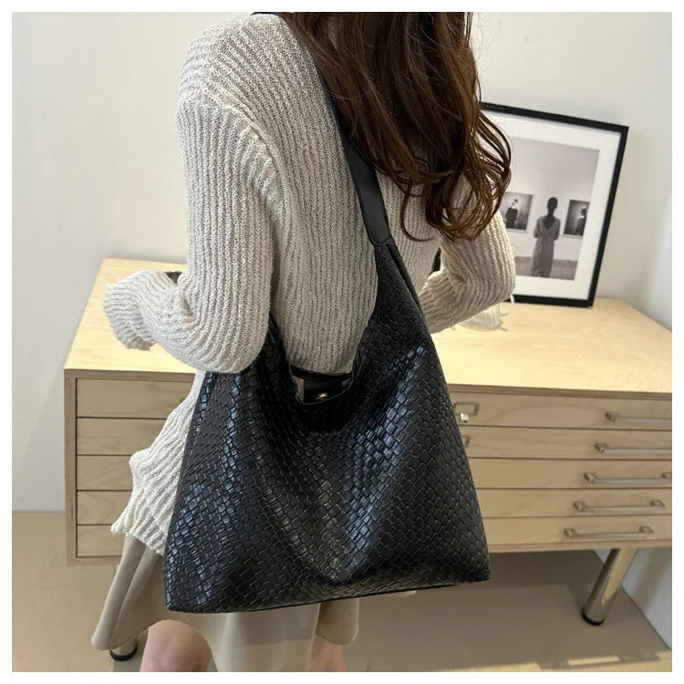 Women's Retro Artificial Leather Woven Pattern Shoulder Bag,Large Capacity Tote Bag,Casual Armpit Bag, Large Tote Bag,Daily Work