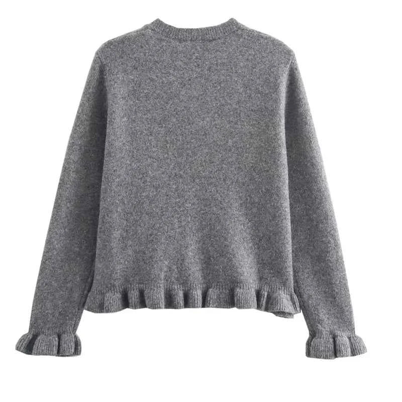 HXAO Sweater Cardigans Ruffle Long Sleeve Knitted Cardigan For Women Autumn Bolero Knitwears Button-Down Bluey Gray Cardigan
