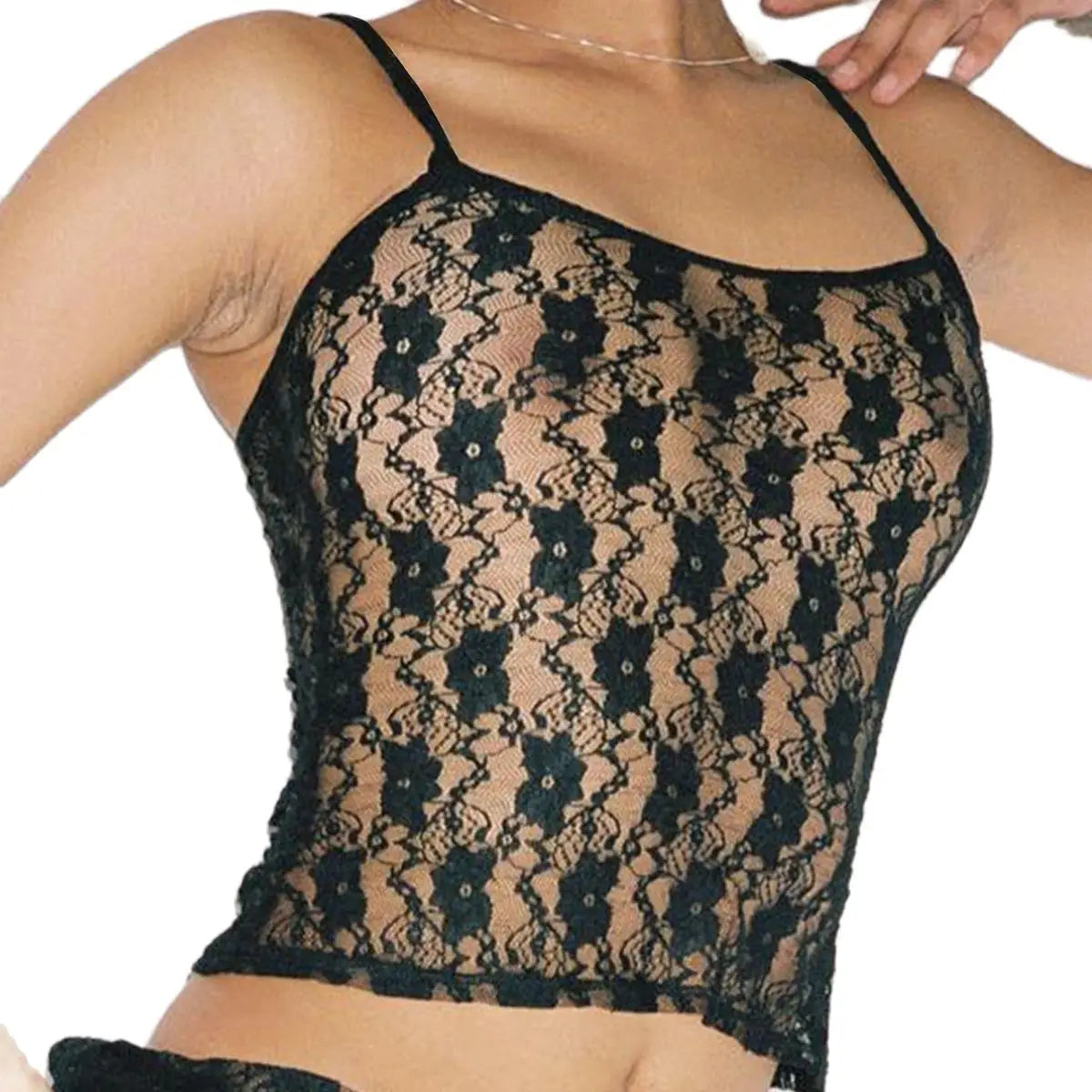 New Summer Sexy Little Plum Lace Vest Black Perspective Sexy Top Slim Ladies Halter Shirt Black Sexy Slim Fashion Trend Vest