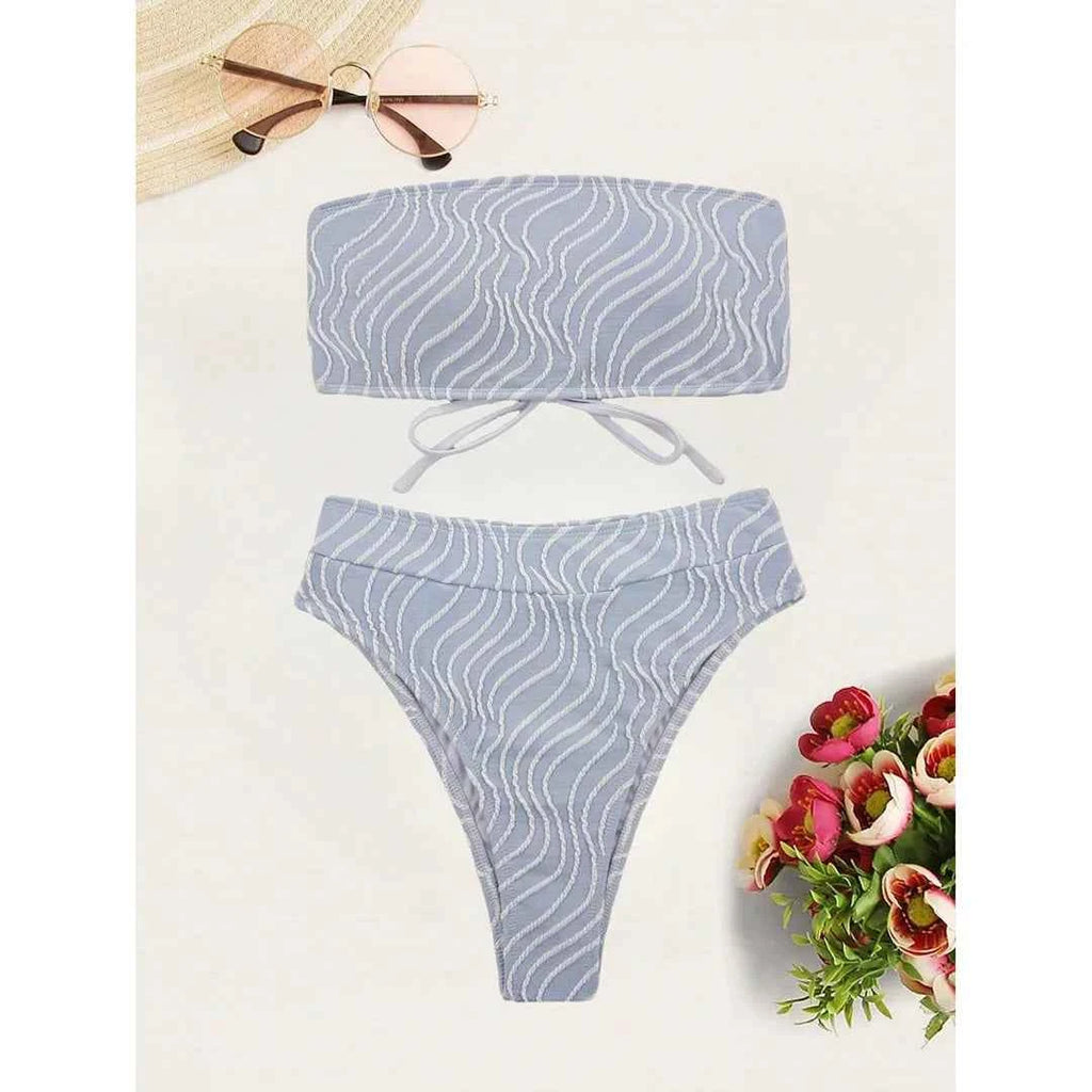 Sexy Wave Striped Bandeau High Waist Bikini Female Swimsuit Women Swimwear Two-pieces Bikini set Bather Bathing Suit Swim K5445