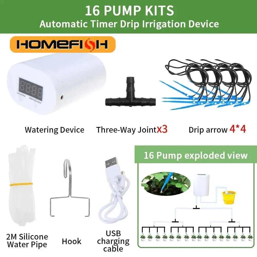 HOMEFISH Automatic Plant Flower Watering Pump Home Sprinkler Drip Irrigation Device 4/8/16 Heads Timer System Kit Garden Tool