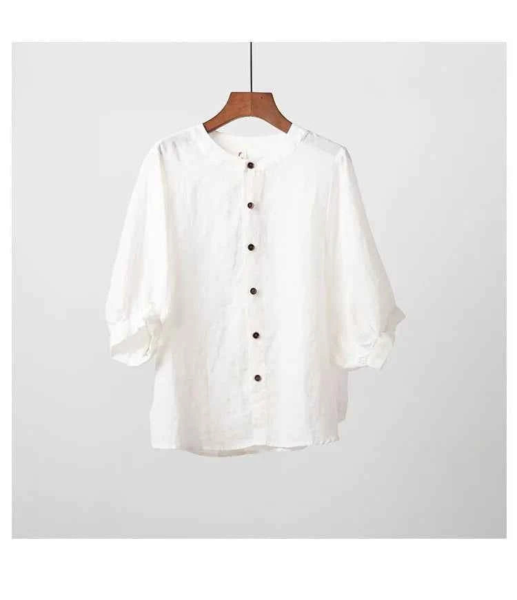 Cotton and linen shirt women's spring and summer thin solid color lantern sleeve stand collar top loose large size shirt