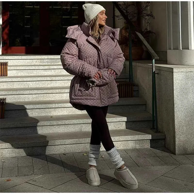 Printed Female Winter Cotton Quilted Jacket Hooded Thicken Zipper Single Breasted Long Sleeve 2025 New Casual Coat Loose Outwear