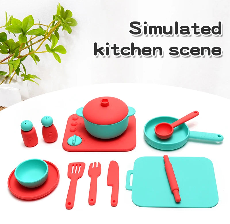 Kids Pretend Play Kitchen Toys, Food-Grade Silicone Dish Set, Realistic Mini Cooking Toys with Bowls, Plates, Pots for Toddlers